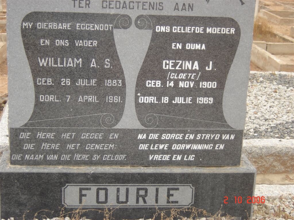 FOURIE William A. S. 1883-1961 &amp; Gezina J. CLOETE 1900-1969