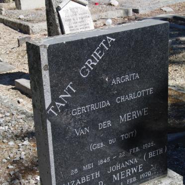 MERWE Margrita Gertruida Charlotte, van der nee Du TOIT 1845-1925 :: V.D. MERWE Elizabeth Johanna 1880-1970