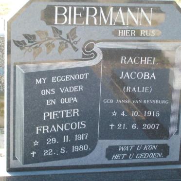 BIERMANN Pieter Francois 19171980 &amp; Rachel Jacoba JANSE VAN RENSBURG 1915-2007