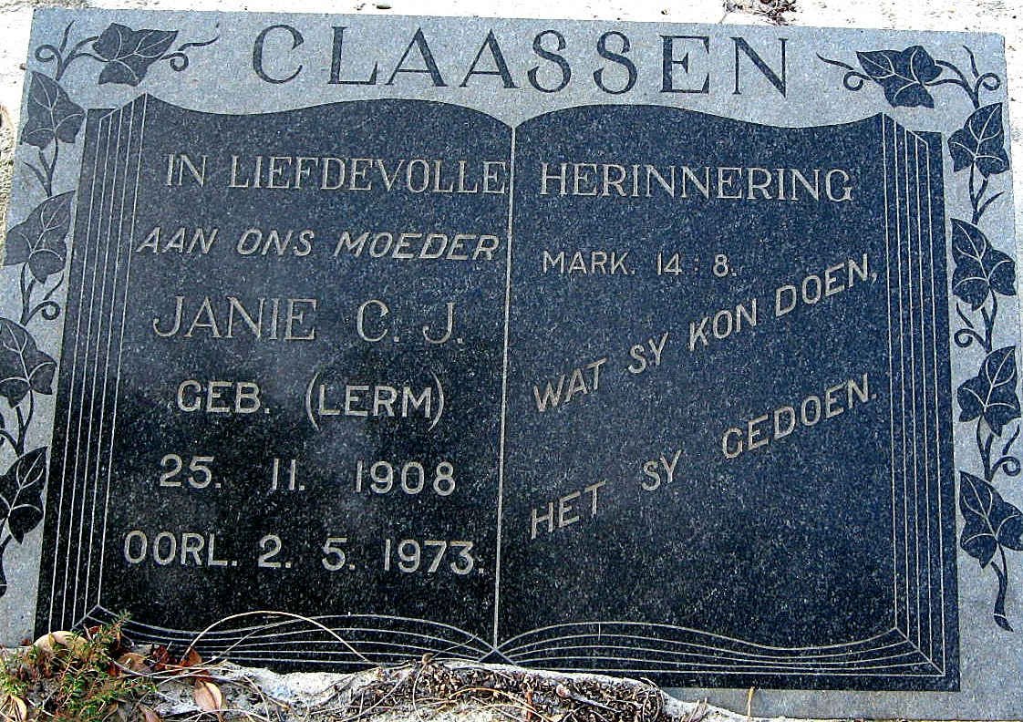 CLAASSEN Janie C.J. nee LERM 1908-1973