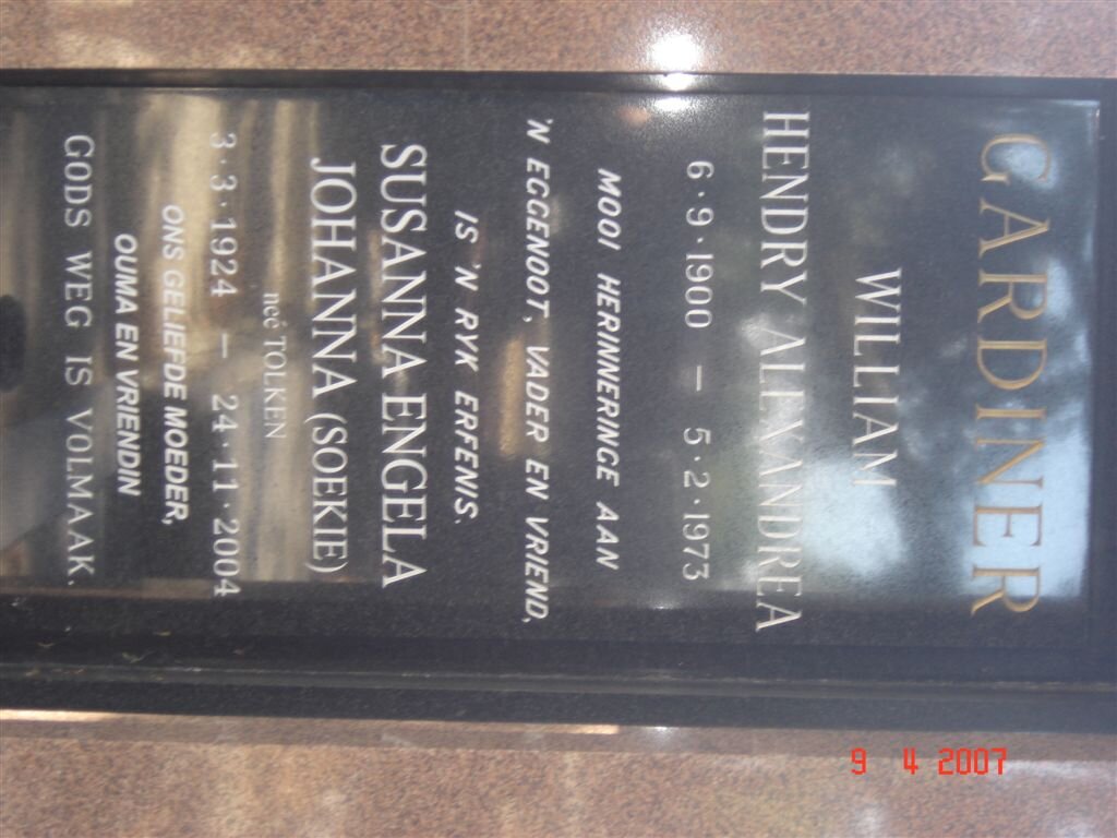 GARDINER William Hendry Alexandrea 1900-1973 &amp; Susanna Engela Johanna TOLKEN 1924-2004