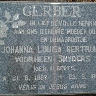 GERBER Johanna Louisa Gertruida, voorheen SNYDERS, nee ALBERTS 1887-1980