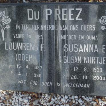PREEZ Louwrens F., du 1927-1980 &amp; Susanna E. NORTJE 1930-2004