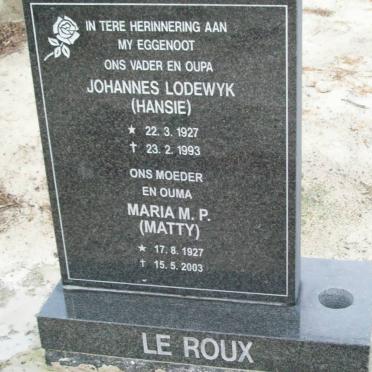 ROUX Johannes Lodewyk, le 1927-1993 &amp; Maria M.P. 1927-2003