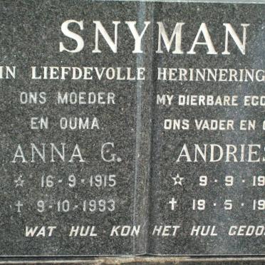SNYMAN Andries 1909-1980 &amp; Anna G. 1915-1993