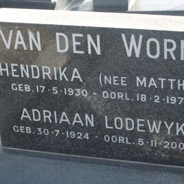 WORM Adriaan Lodewyk, van den 1924-2006 &amp; Hendrika MATTHEE 1930-1973