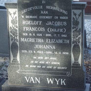 WYK Roeloff Jacobus Francois. van 1926-1982 &amp; Magrietha Elizabeth Johanna 1922-1996