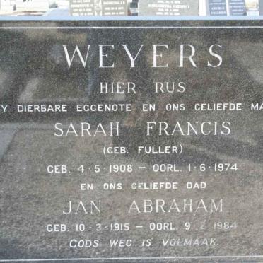 WEYERS Jan Abraham 1915-1984 &amp; Sarah Francis FULLER 1908-1974