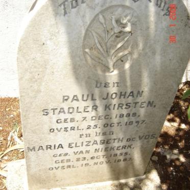 KIRSTEN Paul Johan Stadler 1888-1897 &amp; Maria Elizabeth DE VOS nee VAN NIEKERK 1855-1887