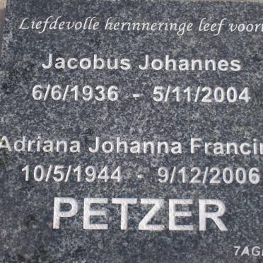 PETZER Jacobus Johannes 1936-2004 &amp; Adriana Johanna Francina 1944-2006