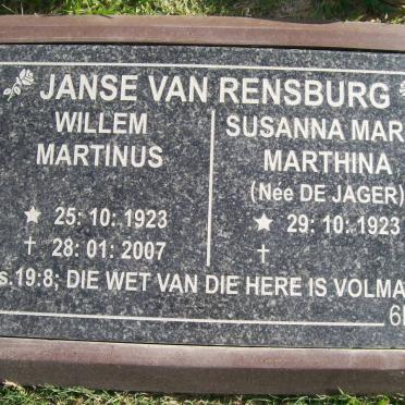 RENSBURG Willem Martinus, Janse van 1923-2007 &amp; Susanna Maria Marthina DE JAGER 1923-