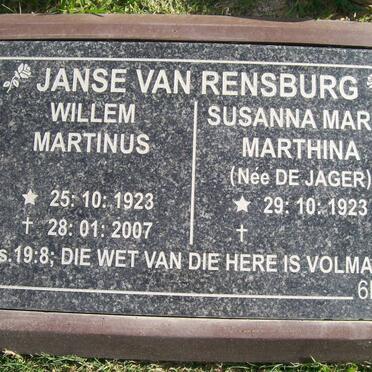 RENSBURG Willem Martinus, Janse van 1923-2007 &amp; Susanna Maria Marthina DE JAGER 1923-