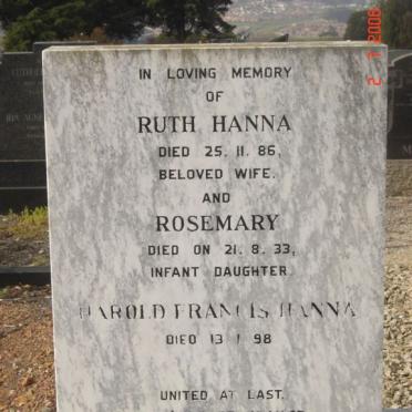HANNA Harold Francis -1998 &amp; Ruth -1986 :: HANNA Rosemary -1933