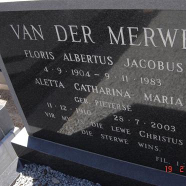 MERWE Floris Albertus Jacobus, van der 1904-1983 &amp; Aletta Catharina Maria PIETERSE 1910-2003