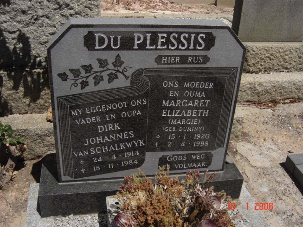 PLESSIS Dirk Johannes van Schalkwyk, du 1914-1984 &amp; Margaret Elizabeth DUMINY 1920-1998