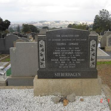 SIEBERHAGEN Thomas Edward 1892-1965 &amp; Maria Aletta MALAN 1896-1989 :: SIEBERHAGEN Dawid Stefanus 1923-1989