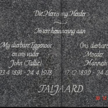 TALJAARD John 1891-1978 &amp; Hannah 1899-1985
