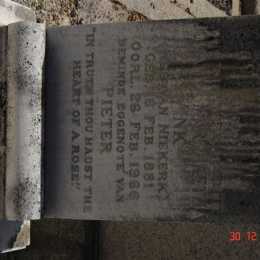 VINK Johanna Margaretha nee VAN NIEKIERK 1881-1966