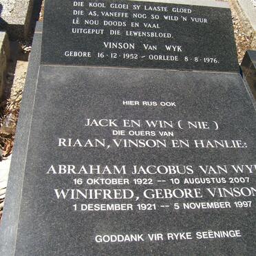 WYK Abraham Jacobus, van 1922-2007 &amp; Winifred VINSON 1921-1997 :: VAN WYK Vinson 1952-1976
