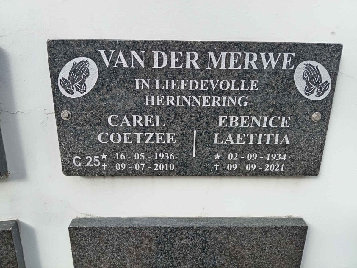 MERWE Carel Coetzee, van der 1936-2010 &amp; Ebenice Laetitia 1934-2021