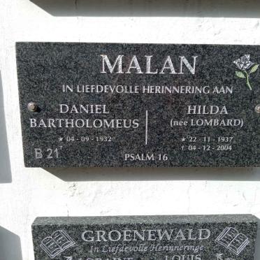 MALAN Daniel Bartholomeus 1932- &amp; Hilda LOMBARD 1937-2004