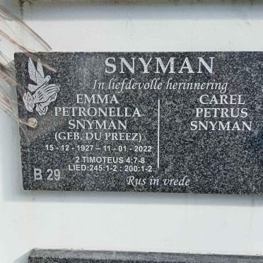 SNYMAN Carel Petrus &amp; Emma Petronella DU PREEZ 1927-2022