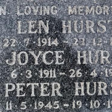 HURST Len 1914-1987 &amp; Joyce 1911-1997 :: HURST Peter 1945-1985