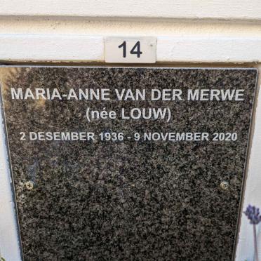 MERWE Maria-Anne, van der nee LOUW 1936-2020