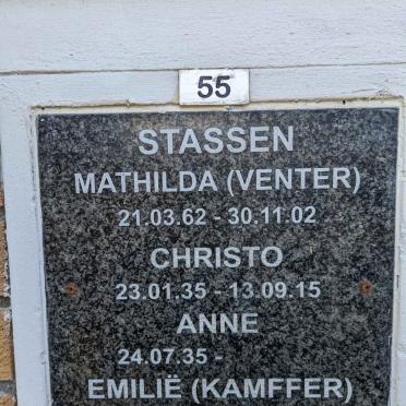 STASSEN Christo 1935-2015 &amp; Anne 1935- :: STASSEN Mathilda nee VENTER 1962-2002 :: STASSEN Emilie nee KAMFFER 1966-