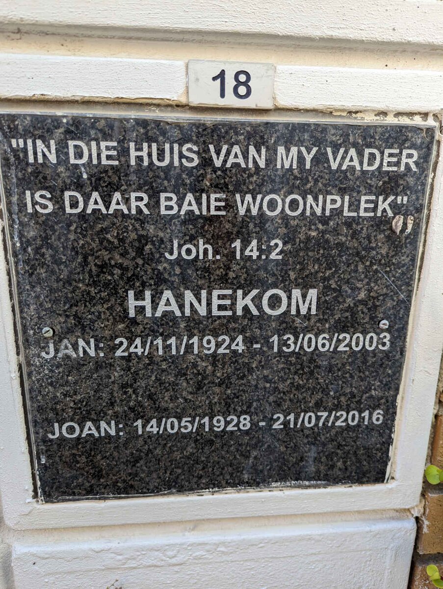 HANEKOM Jan 1924-2003 &amp; Joan 1928-2016
