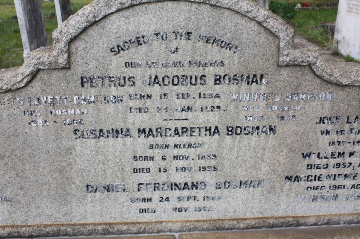 BOSMAN Petrus Jacobus 1854-1929  &amp; Susanna Margaretha KLERCK 1853-1938 :: BOSMAN Daniel Ferdinand 1882-1965
