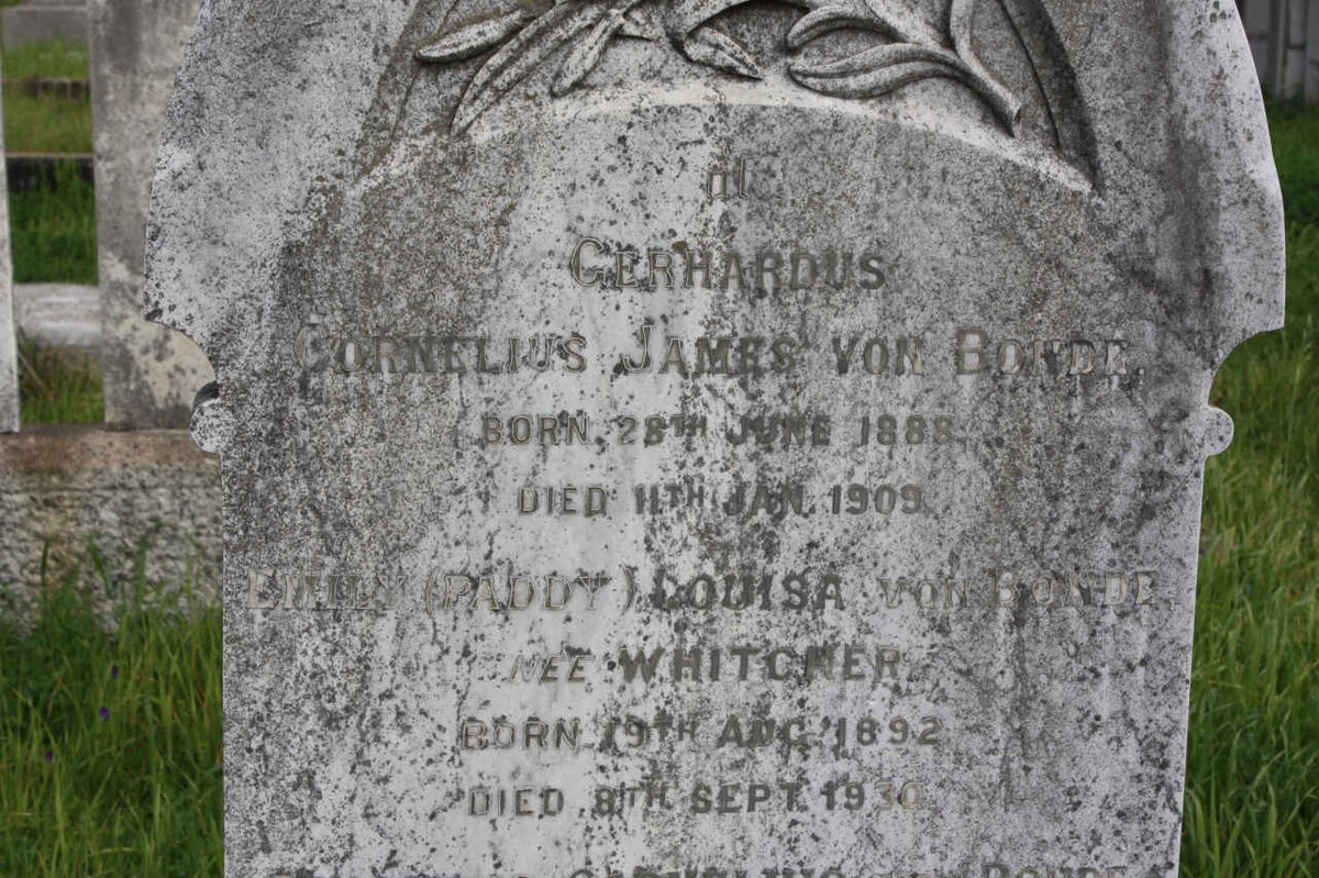 BONDE Gerhardus Cornelius James, von 1888-1909 :: VON BONDE Emily Louisa nee WHITCNER  1892-1930
