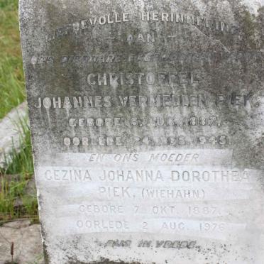 PIEK Christoffel Johannes Vermeulen 1887-1945 &amp; Gezina Johanna Dorothea WIEHAHN 1887-1975