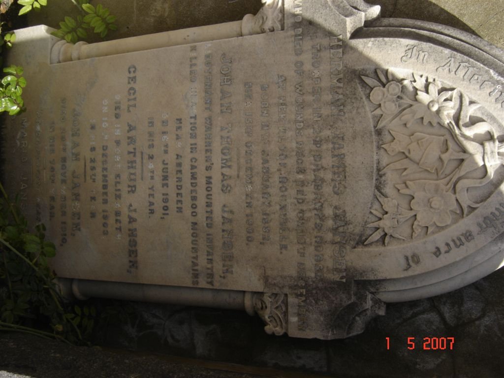 JANSEN Herman James 1882-1900 :: JANSEN Johan Thomas -1901 :: JANSEN Cecil Arthur -1903 :: JANSEN Johan -1910 :: JANSEN Maria -?