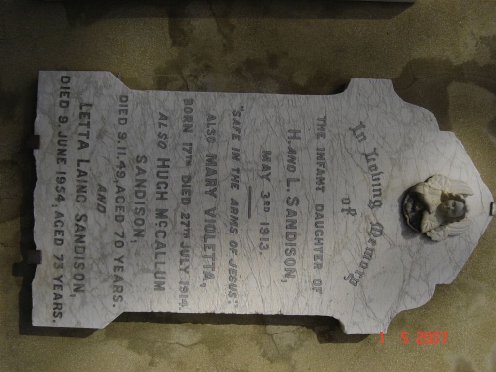 SANDISON Hugh McCullum -1949 &amp; Letta Laing  -1954 :: SANDISON Infant daughter 1913-1913 :: SANDISON Mary Violetta 1914-1914