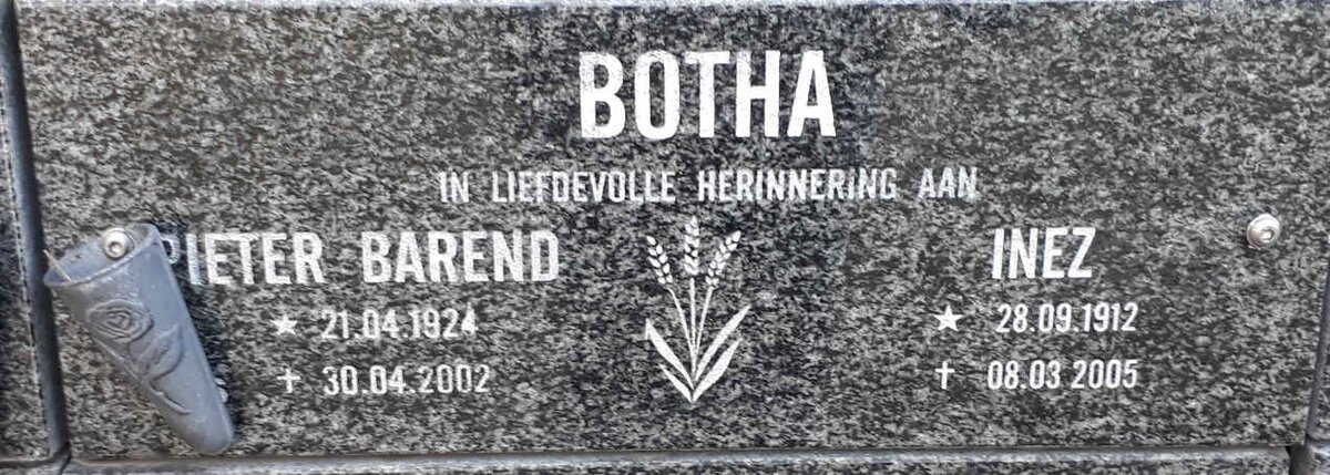 BOTHA Pieter Barend 1924-2002 &amp; Inez 1912-2005