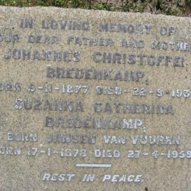 BREDENKAMP Johannes Christoffel 1877-1938 &amp; Suzanna Catherina JANSEN VAN VUUREN 1878-1959