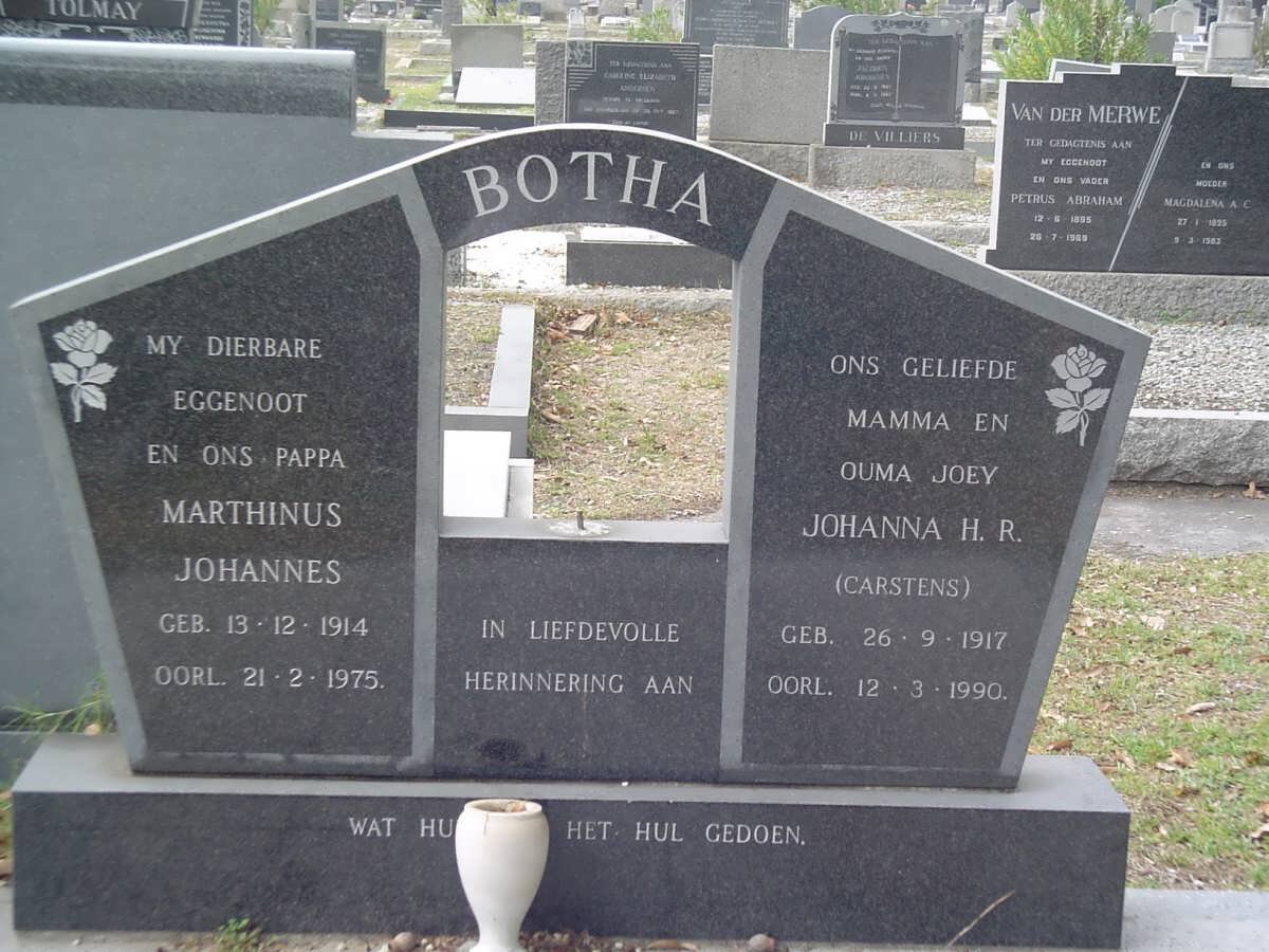 BOTHA Marthinus Johannes 1914-1975 &amp; Johanna H.R. CARSTENS 1917-1990