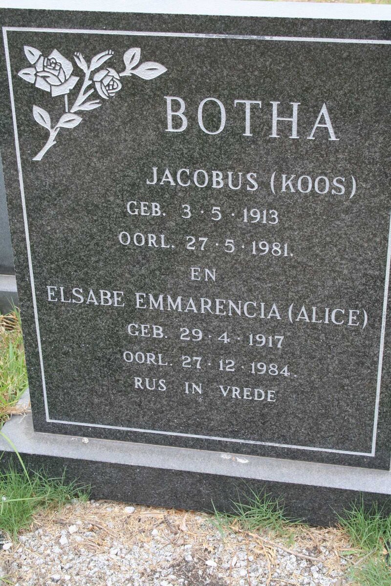 BOTHA Jacobus 1913-1981 &amp; Elsabe Emmarencia 1917-1984
