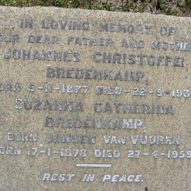 BREDENKAMP Johannes Christoffel 1877-1938 &amp; Suzanna Catherina JANSEN VAN VUUREN 1878-1959