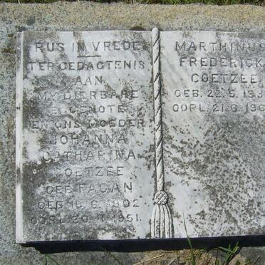 COETZEE Johanna Catharina nee FAGAN 1902-1951 :: COETZEE Marthinus Frederick 1932-1963