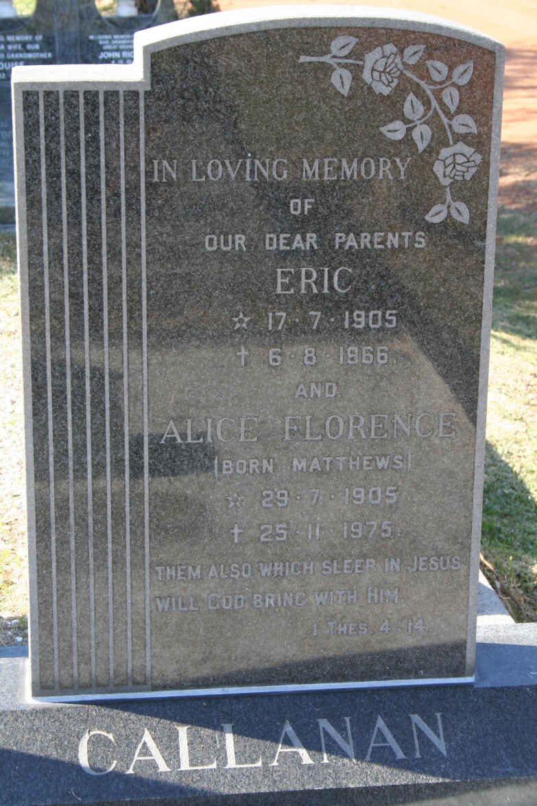 CALLANAN Eric 1905-1966 &amp; Alice Florence 1905-1975