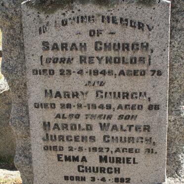 CHURCH Harry -1949 &amp; Sarah REYNOLDS -1949 :: CHURCH Harold Walter Jurgens -1927 :: CHURCH Emma Muriel 1892-1980