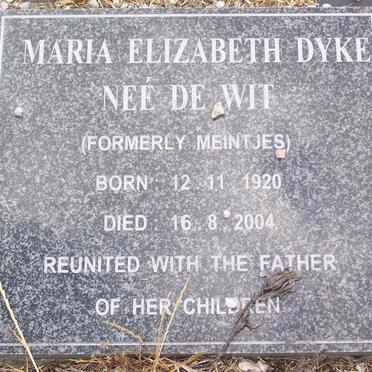 DYKE Maria Elizabeth formerly MEINTJES nee DE WIT 1920-2004