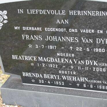 DYK Frans Johannes, van 1917-1980 &amp; Beatrice Magdalena CROUS 1922-2006 :: WIEHAHN Brenda Beryl nee VAN DYK 1953-1986
