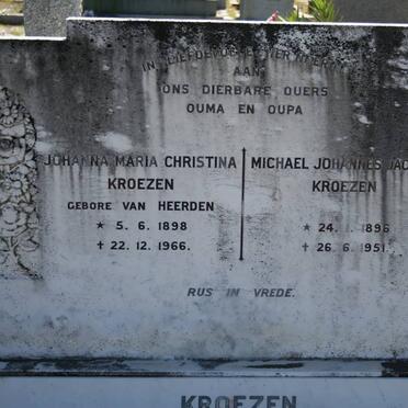 KROEZEN Michael Johannes Jacobus 1896-1951 &amp; Johanna Maria Christina VAN HEEREDEN 1898-1966