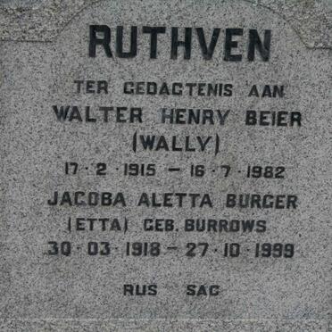 RUTHVEN Walter Henry Beier 1915-1982 &amp; Jacoba Aletta Burger BURROWS 1918-1999