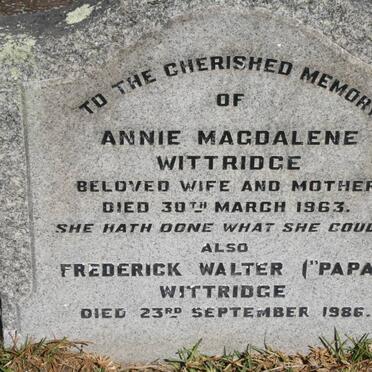 WITTRIDGE Frederick Walter -1986 &amp; Annie Magdalene -1963