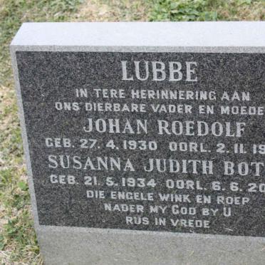LUBBE Johan Roedolf 1930-1985 &amp; Susanna Judith BOTES 1934-2002