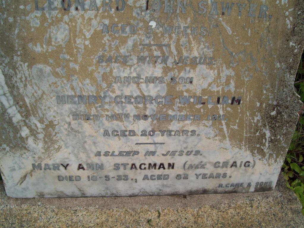 STAGMAN Henry George William -1911 :: STAGMAN Mary Ann nee CRAIG -1933